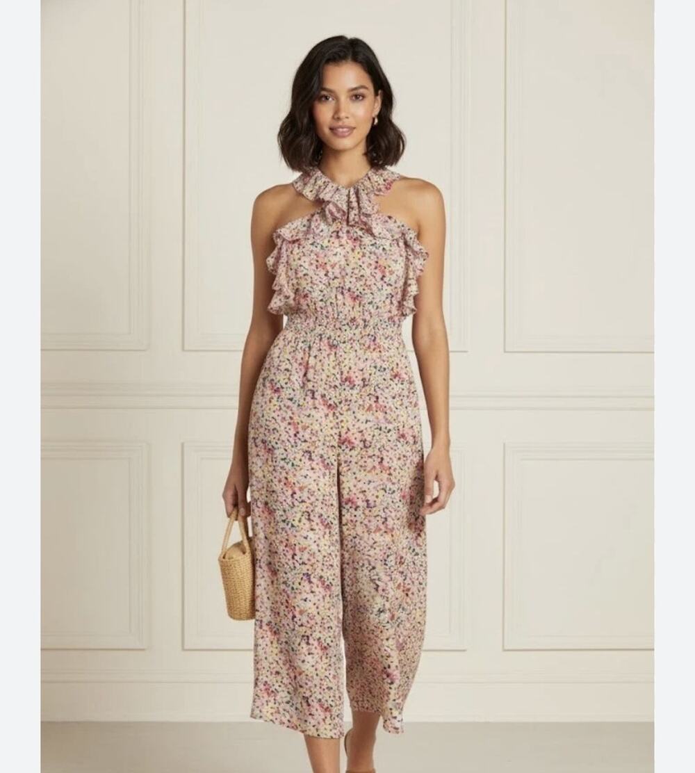 Rebecca Taylor Women Jumpsuit Margo Sleeveless Floral Ruffle Silk Cropped 2